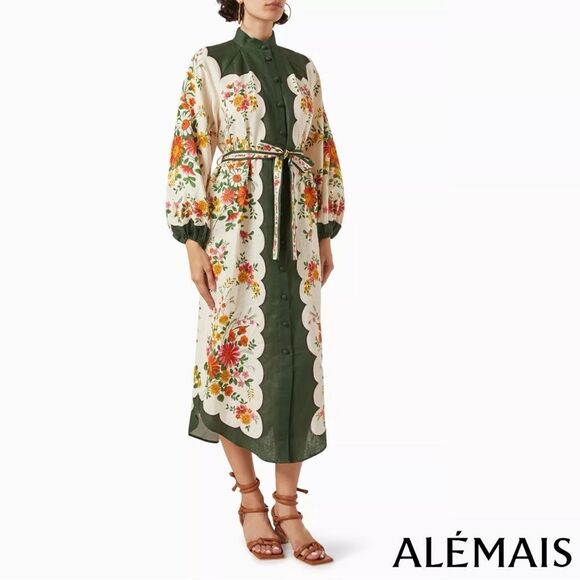ALÉMAIS *NWT* Elisabetta Belted Forest Green/Cream Floral Linen Midi Shirt Dress - Picture 8 of 15